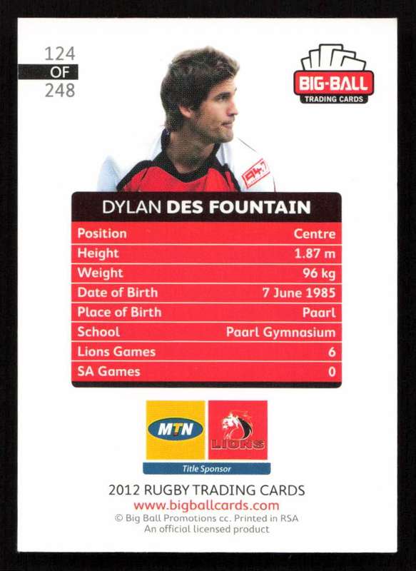 Big Ball 2012 Rugby Trading Card Card 124/248 Dylan Des Fountain