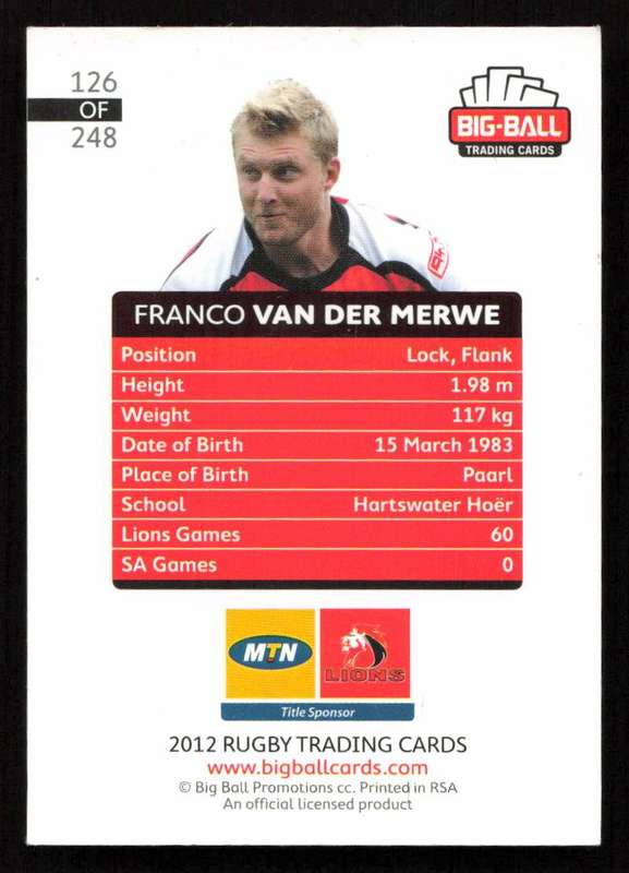 Big Ball 2012 Rugby Trading Card Card 126/248 Franco van der Merwe