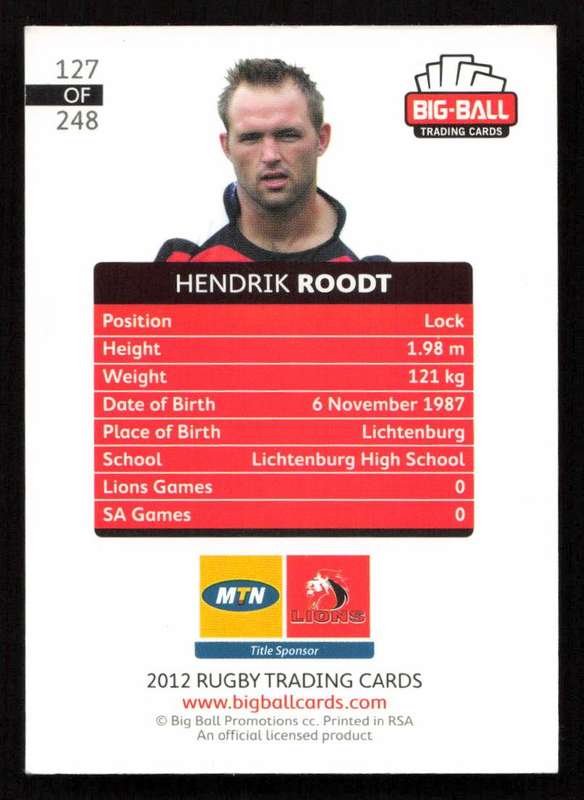 Big Ball 2012 Rugby Trading Card Card 127/248 Hendrik Roodt