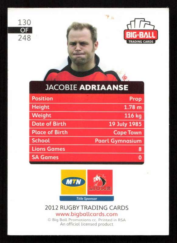 Big Ball 2012 Rugby Trading Card Card 130/248 Jacobie Adriaanse