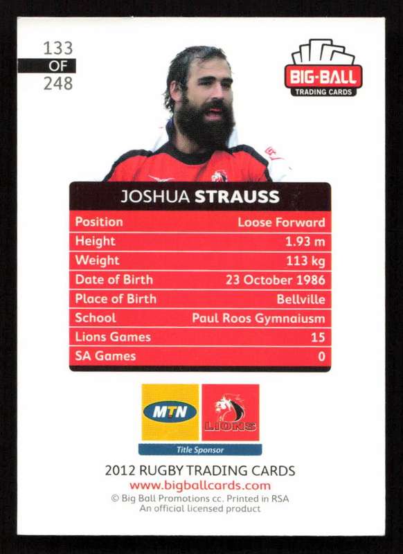 Big Ball 2012 Rugby Trading Card Card 133/248 Joshua Strauss