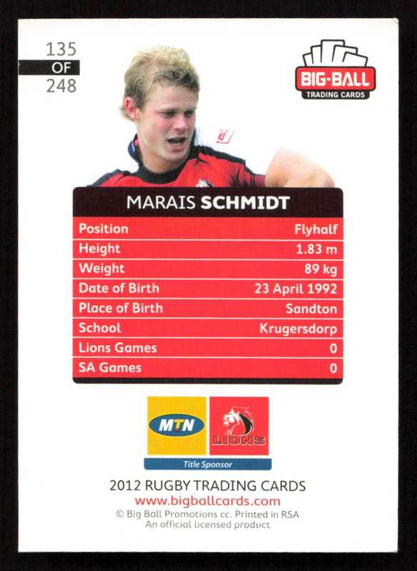 Big Ball 2012 Rugby Trading Card Card 135/248 Marais Schmidt