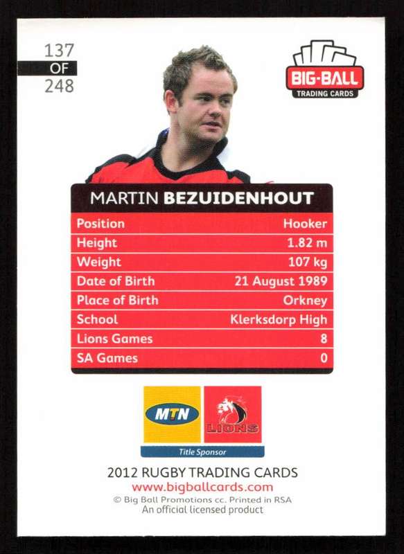 Big Ball 2012 Rugby Trading Card Card 137/248 Martin Bezuidenhout