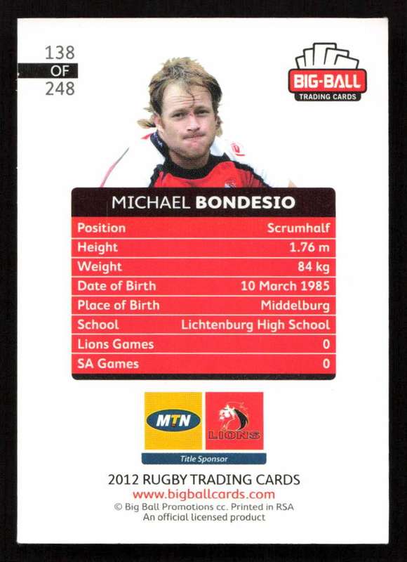 Big Ball 2012 Rugby Trading Card Card 138/248 Michael Bondesio