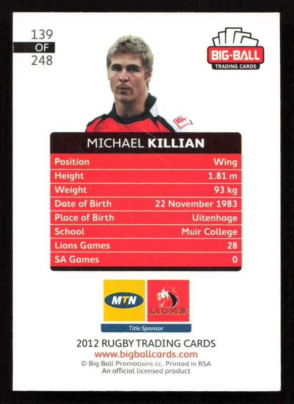 Big Ball 2012 Rugby Trading Card Card 139/248 Michael Killian