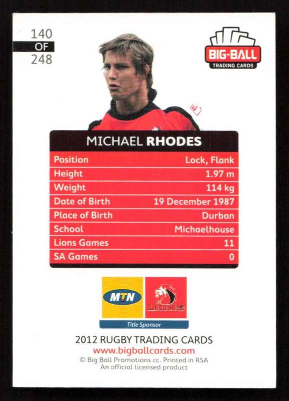 Big Ball 2012 Rugby Trading Card Card 140/248 Michael Rhodes