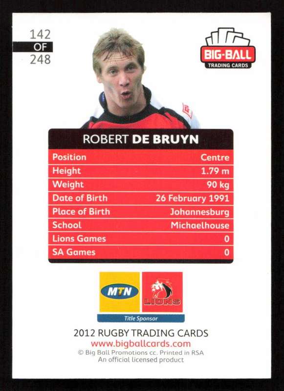 Big Ball 2012 Rugby Trading Card Card 142/248 Robert de Bruyn