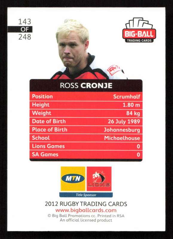 Big Ball 2012 Rugby Trading Card Card 143/248 Ross Cronje