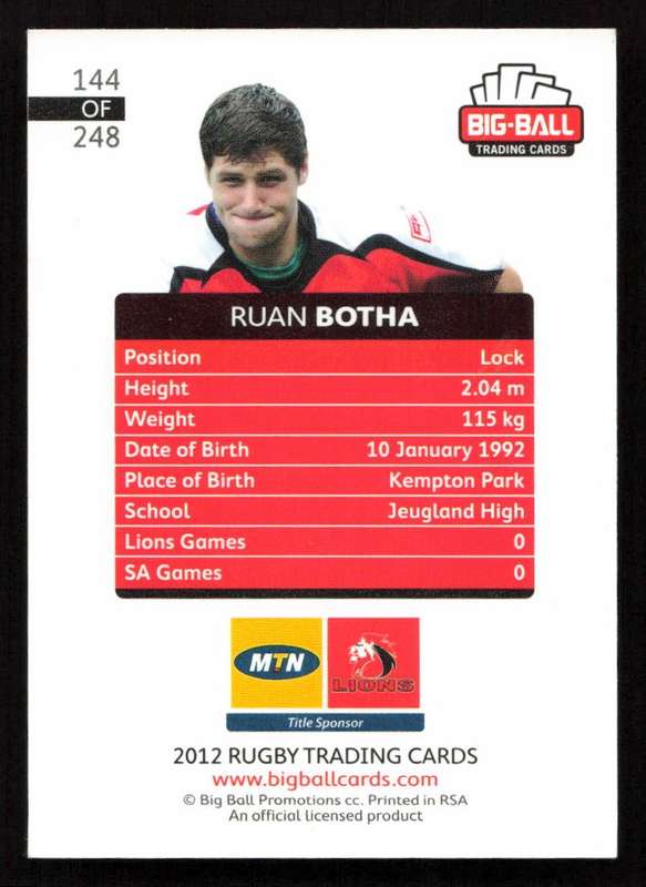 Big Ball 2012 Rugby Trading Card Card 144/248 Ruan Botha