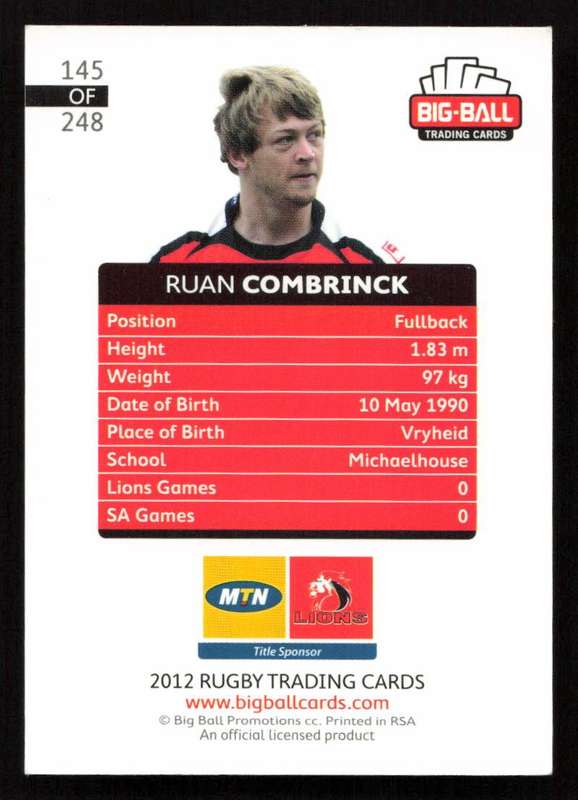 Big Ball 2012 Rugby Trading Card Card 145/248 Ruan Combrinck