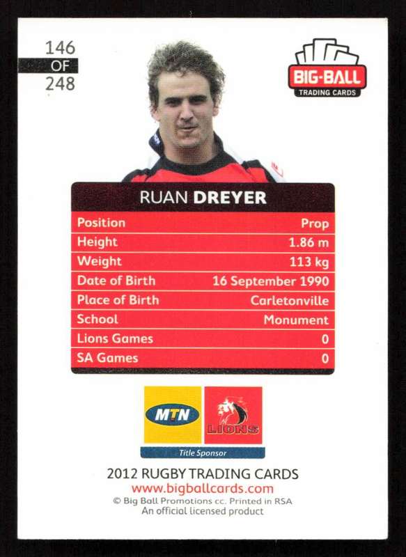 Big Ball 2012 Rugby Trading Card Card 146/248 Ruan Dreyer