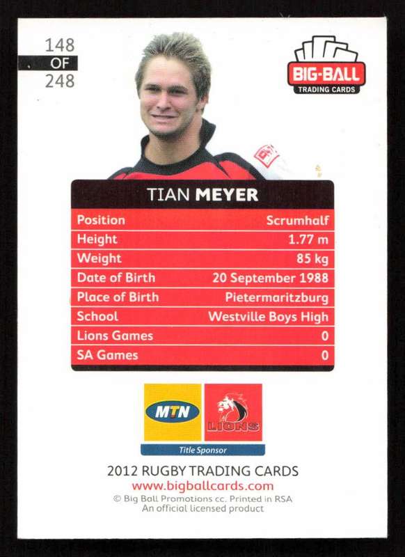 Big Ball 2012 Rugby Trading Card Card 148/248 Tian Meyer