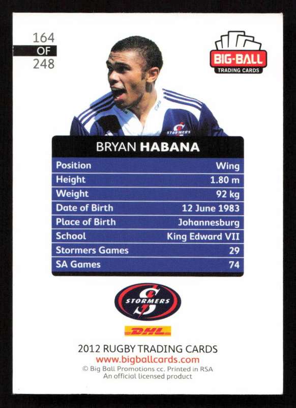 Big Ball 2012 Rugby Trading Card Card 164/248 Bryan Habana