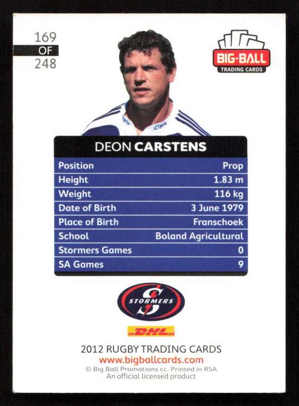 Big Ball 2012 Rugby Trading Card Card 169/248 Deon Carstens