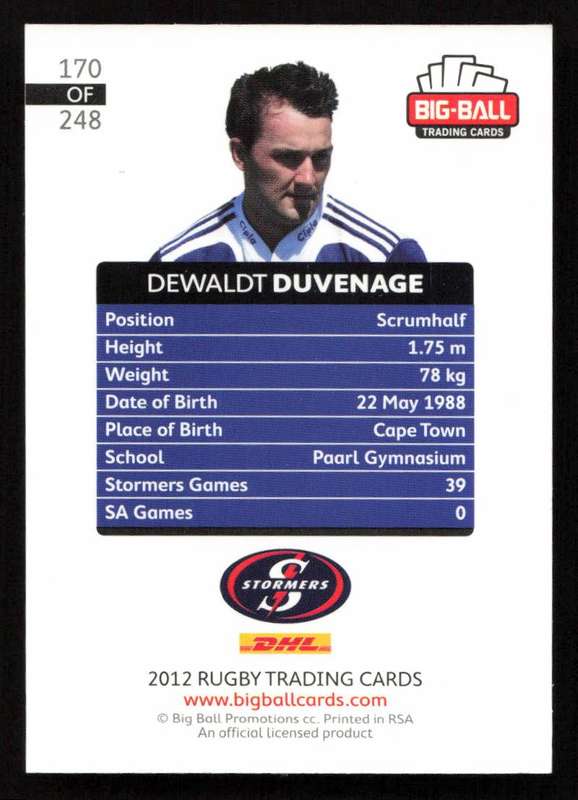 Big Ball 2012 Rugby Trading Card Card 170/248 Dewaldt Duvenage