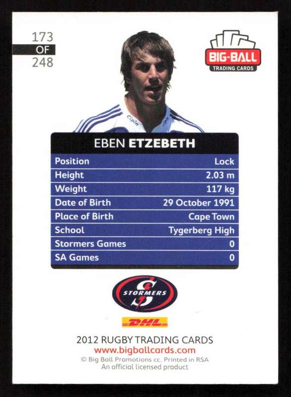 Big Ball 2012 Rugby Trading Card Card 173/248 Eben Etzebeth