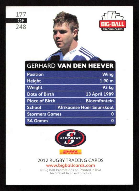 Big Ball 2012 Rugby Trading Card Card 177/248 Gerhard van den Heever