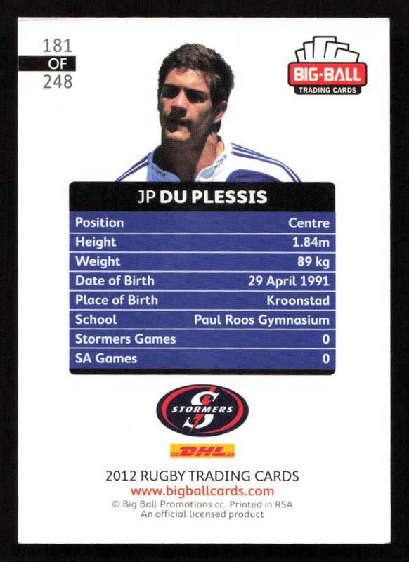 Big Ball 2012 Rugby Trading Card Card 181/248 JP Du Plessis