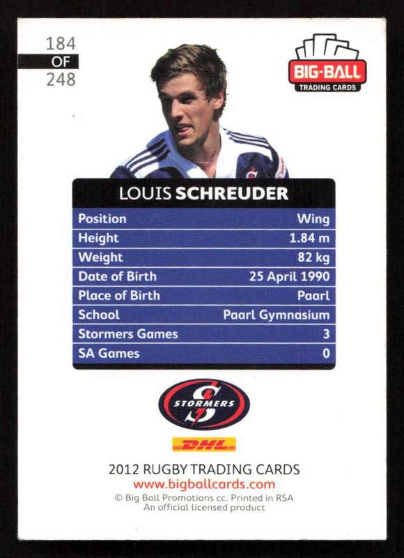 Big Ball 2012 Rugby Trading Card Card 184/248 Louis Schreuder
