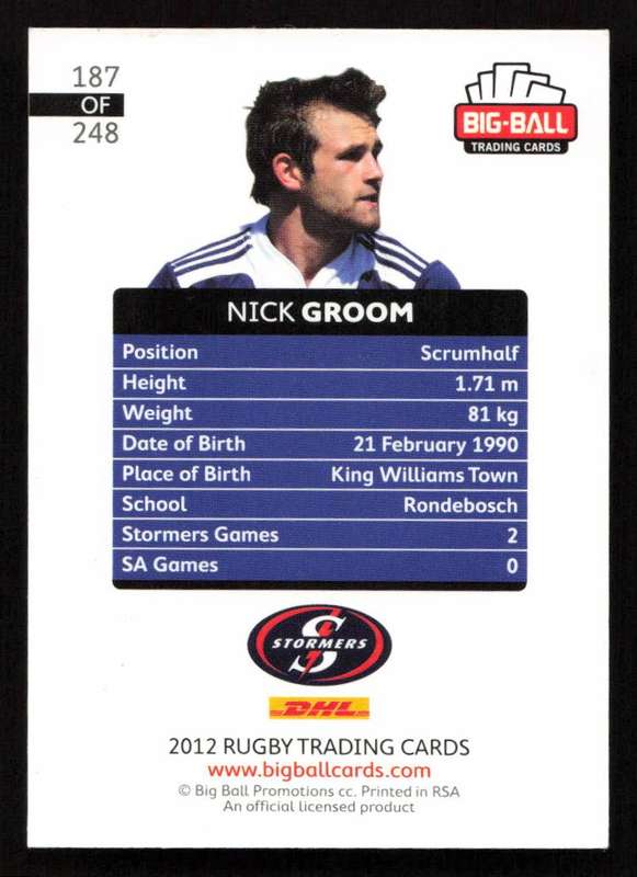 Big Ball 2012 Rugby Trading Card Card 187/248 Nick Groom