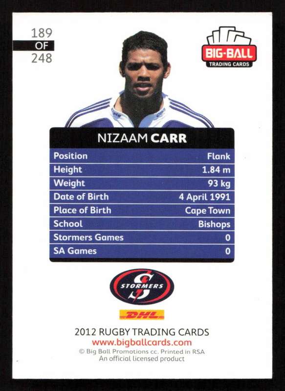 Big Ball 2012 Rugby Trading Card Card 189/248 Nizaam Carr