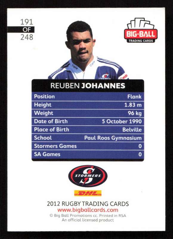 Big Ball 2012 Rugby Trading Card Card 191/248 Reuben Johannes