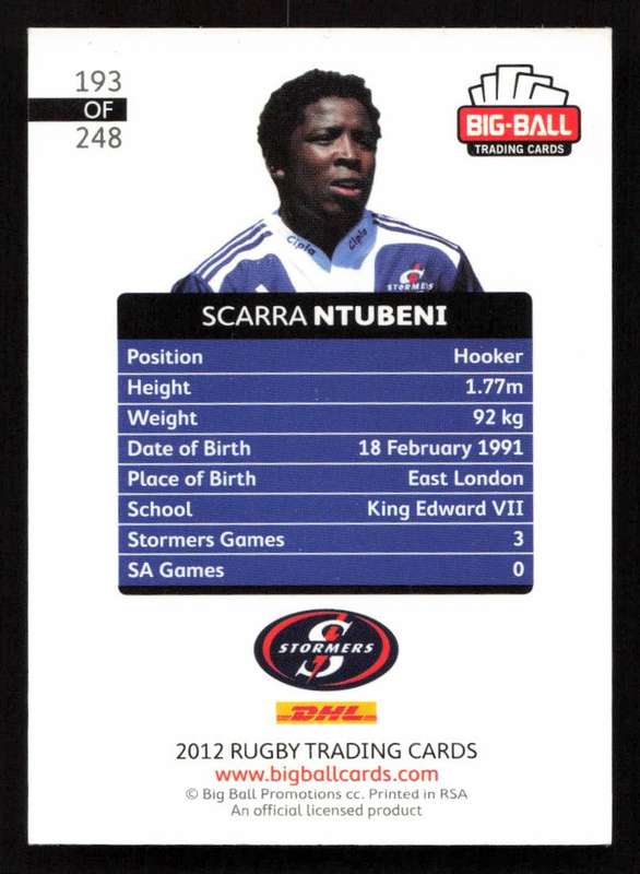 Big Ball 2012 Rugby Trading Card Card 193/248 Scarra Ntubeni