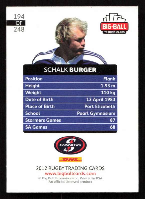 Big Ball 2012 Rugby Trading Card Card 194/248 Schalk Burger