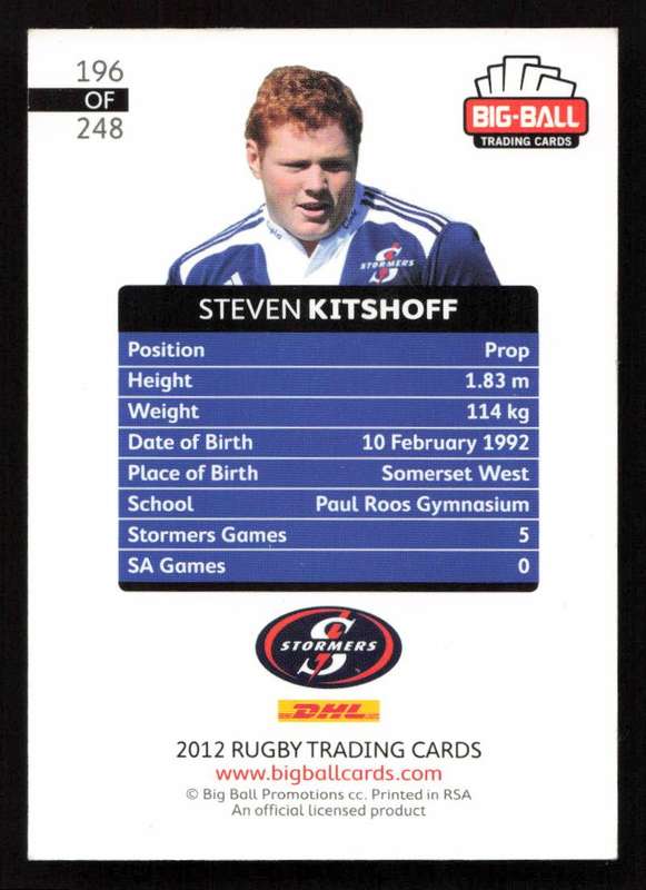 Big Ball 2012 Rugby Trading Card Card 196/248 Steven Kitshoff