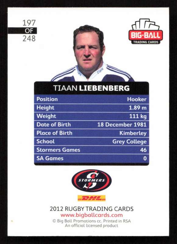 Big Ball 2012 Rugby Trading Card Card 197/248 Tiaan Liebenberg