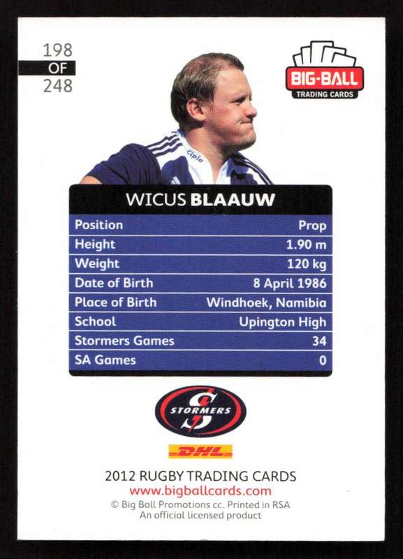 Big Ball 2012 Rugby Trading Card Card 198/248 Wicus Blaauw