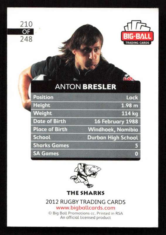 Big Ball 2012 Rugby Trading Card Card 210/248 Anton Bresler