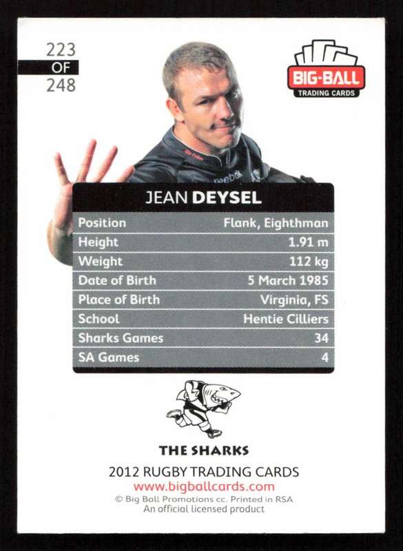 Big Ball 2012 Rugby Trading Card Card 223/248 Jean Deysel