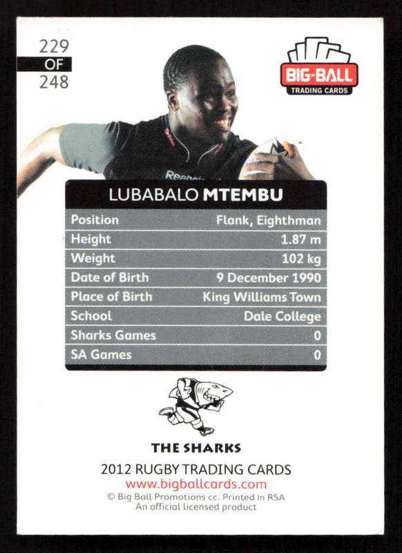 Big Ball 2012 Rugby Trading Card Card 229/248 Lubabalo Mtembu