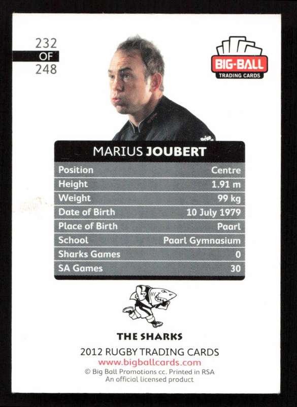 Big Ball 2012 Rugby Trading Card Card 232/248 Marius Joubert