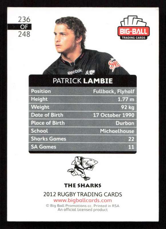 Big Ball 2012 Rugby Trading Card Card 236/248 Patrick Lambie
