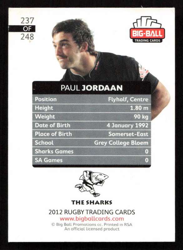 Big Ball 2012 Rugby Trading Card Card 237/248 Paul Jordaan