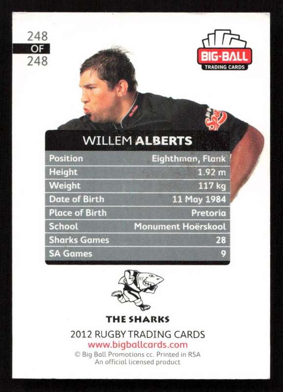 Big Ball 2012 Rugby Trading Card Card 248/248 Willem Alberts