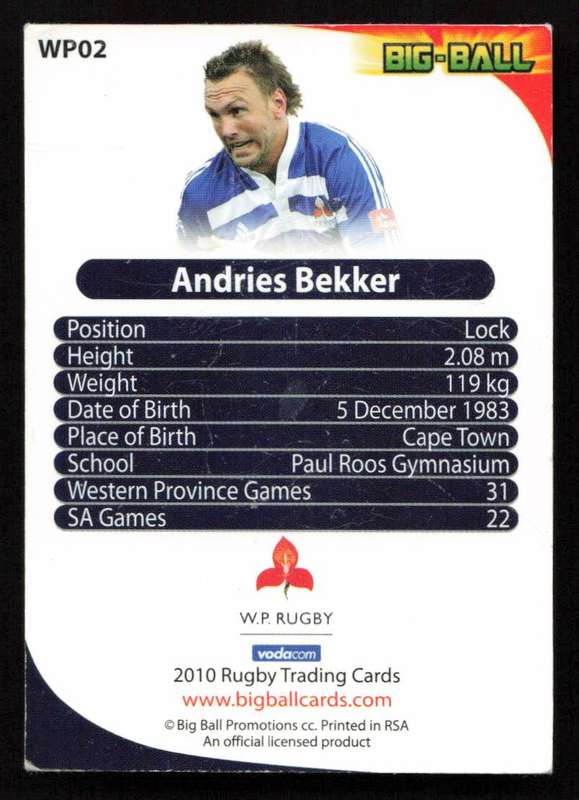 2010 Rugby Trading Card WP02 Andries Bekker
