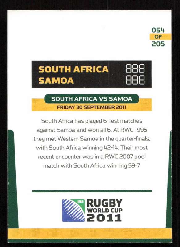 Rugby World Cup 2011 - Card 054/205 - South Africa VS Samoa