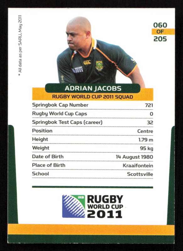 Rugby World Cup 2011 - Card 060/205 - Adrian Jacobs