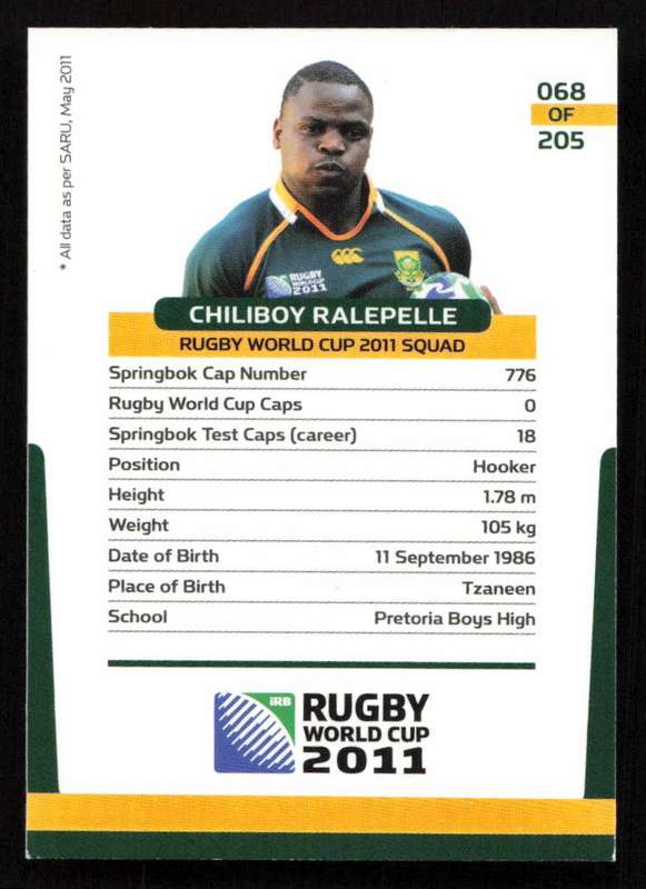 Rugby World Cup 2011 - Card 068/205 - Chiliboy Ralepelle