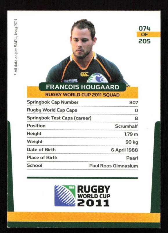 Rugby World Cup 2011 - Card 074/205 - Francois Hougaard