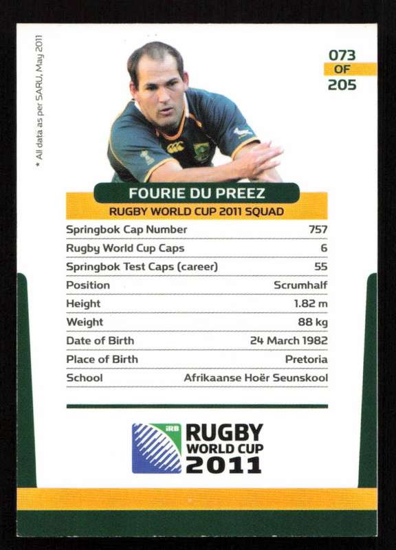 Rugby World Cup 2011 - Card 073/205 - Fourie Du Preez