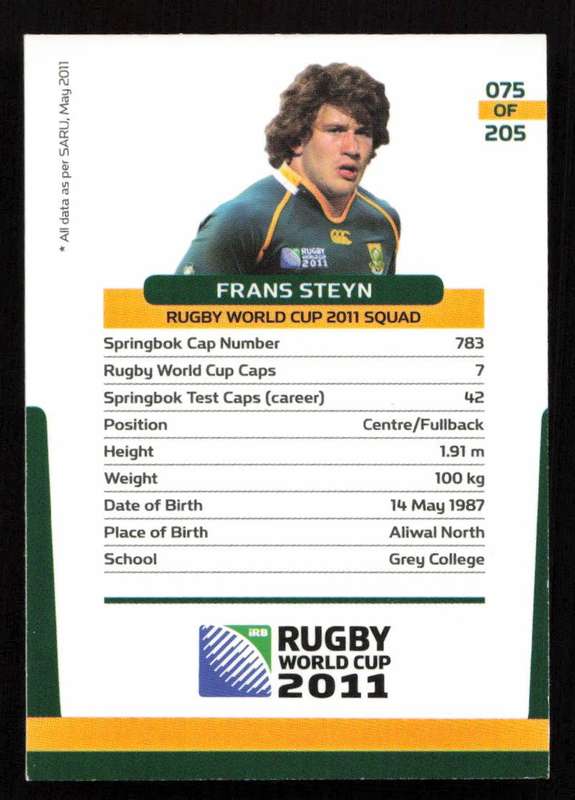 Rugby World Cup 2011 - Card 075/205 - Frans Steyn