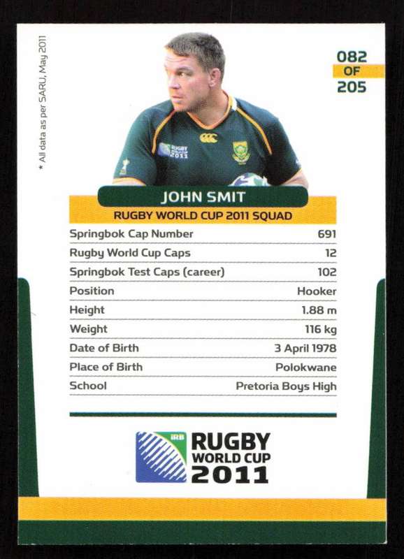 Rugby World Cup 2011 - Card 082/205 - John Smit