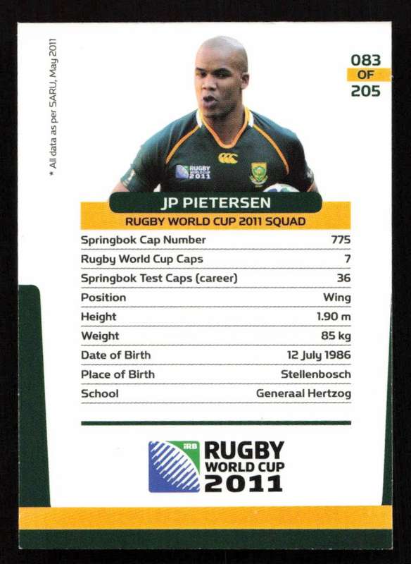 Rugby World Cup 2011 - Card 083/205 - JP Pietersen