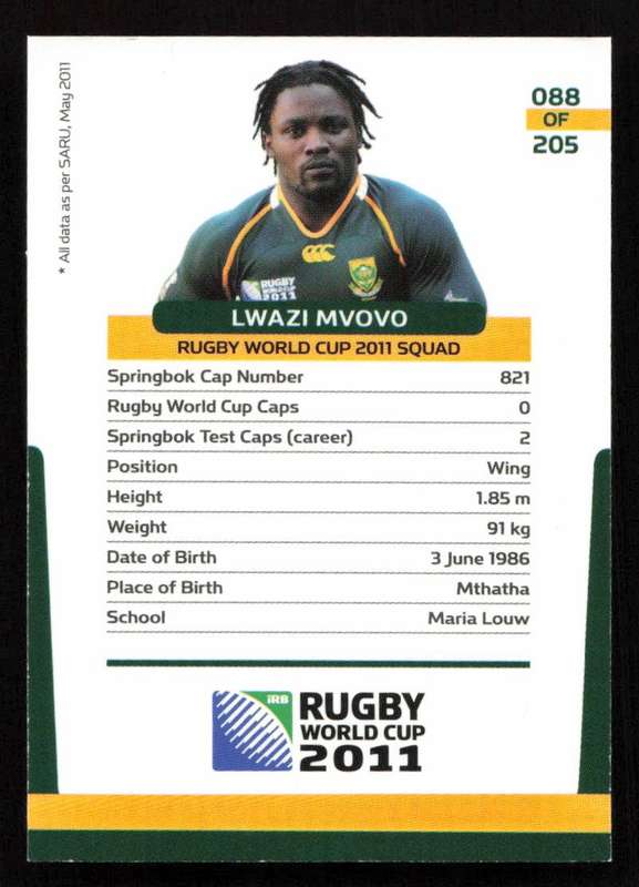 Rugby World Cup 2011 - Card 088/205 - Lwazi Mvovo