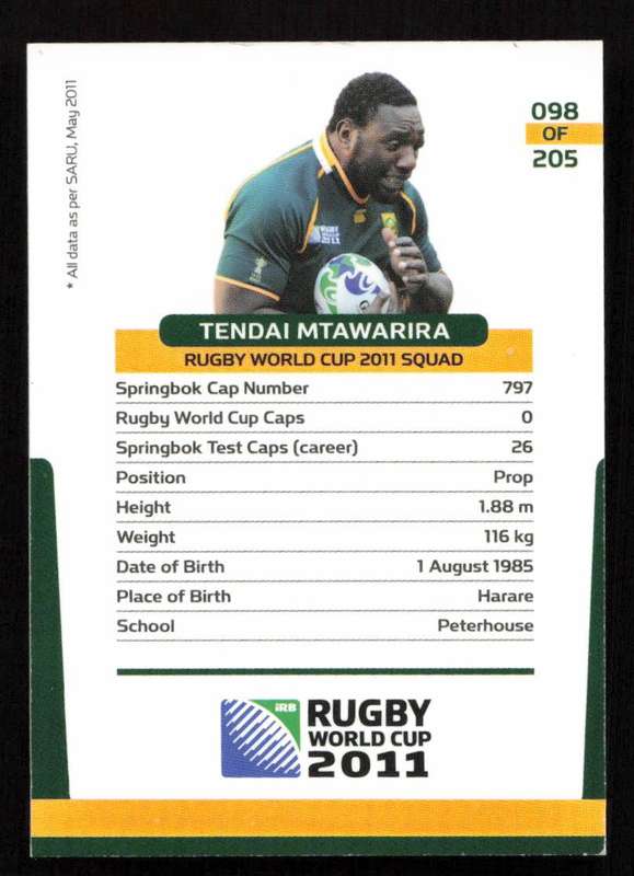 Rugby World Cup 2011 - Card 098/205 - Tendai Mtawarira