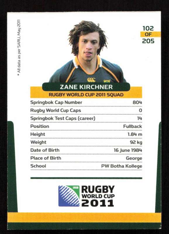 Rugby World Cup 2011 - Card 102/205 - Zane Kirchner